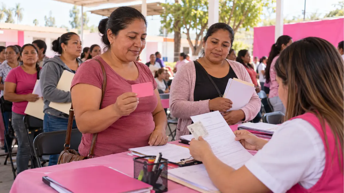 genrame una imagen para mi sitio web no animada sin logos ni letras solo imagen de este tema con perosnas mexicanas de un tamaño de 1200*675: Tarjeta Rosa Guanajuato: quién recibe 3 mil y quién 6 mil en noviembre